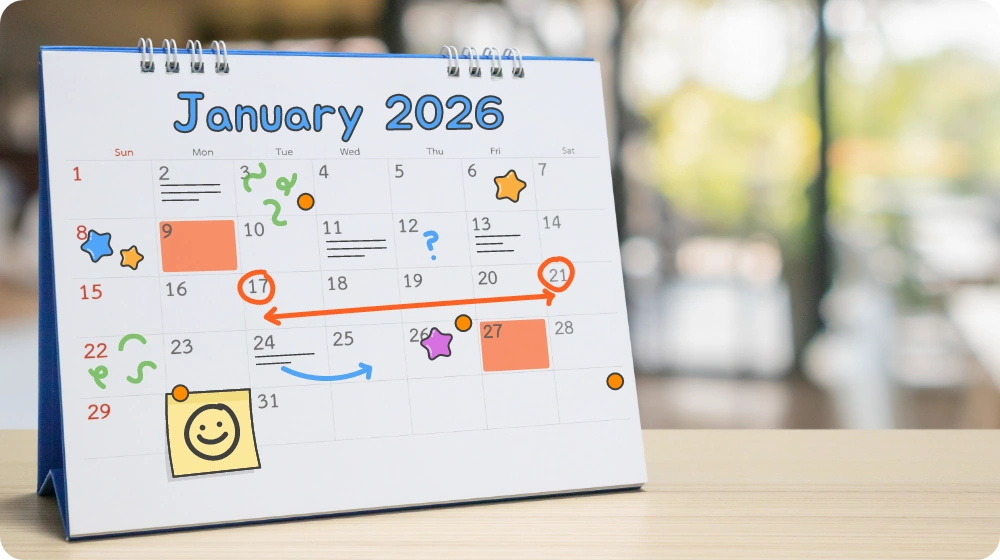 Illustration of a work week calendar with weekends greyed out, holidays striped and a briefcase